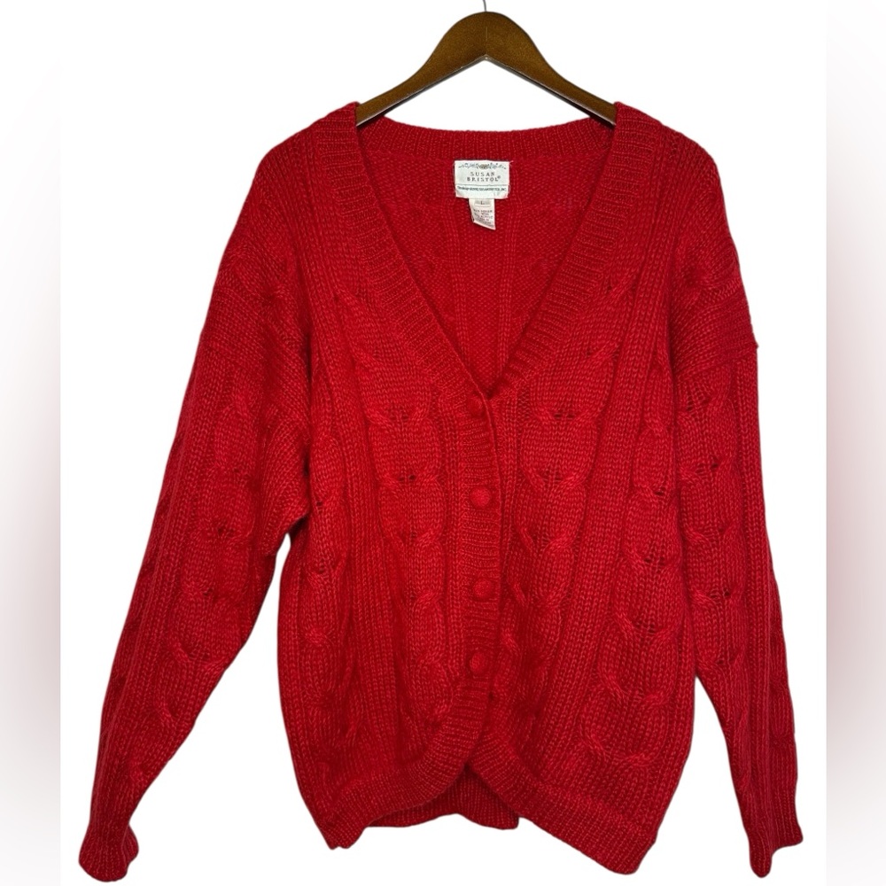 VTG Susan Bristol Red Mohair Blend V Neck Cable Knit Cardigan Sweater Large